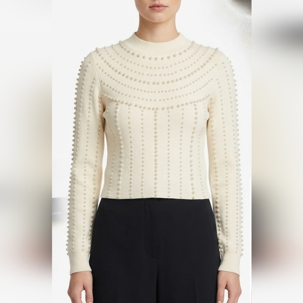 Art Twelfth Cream Pearl Embellished Ribbed Mock Neck Sweater L
